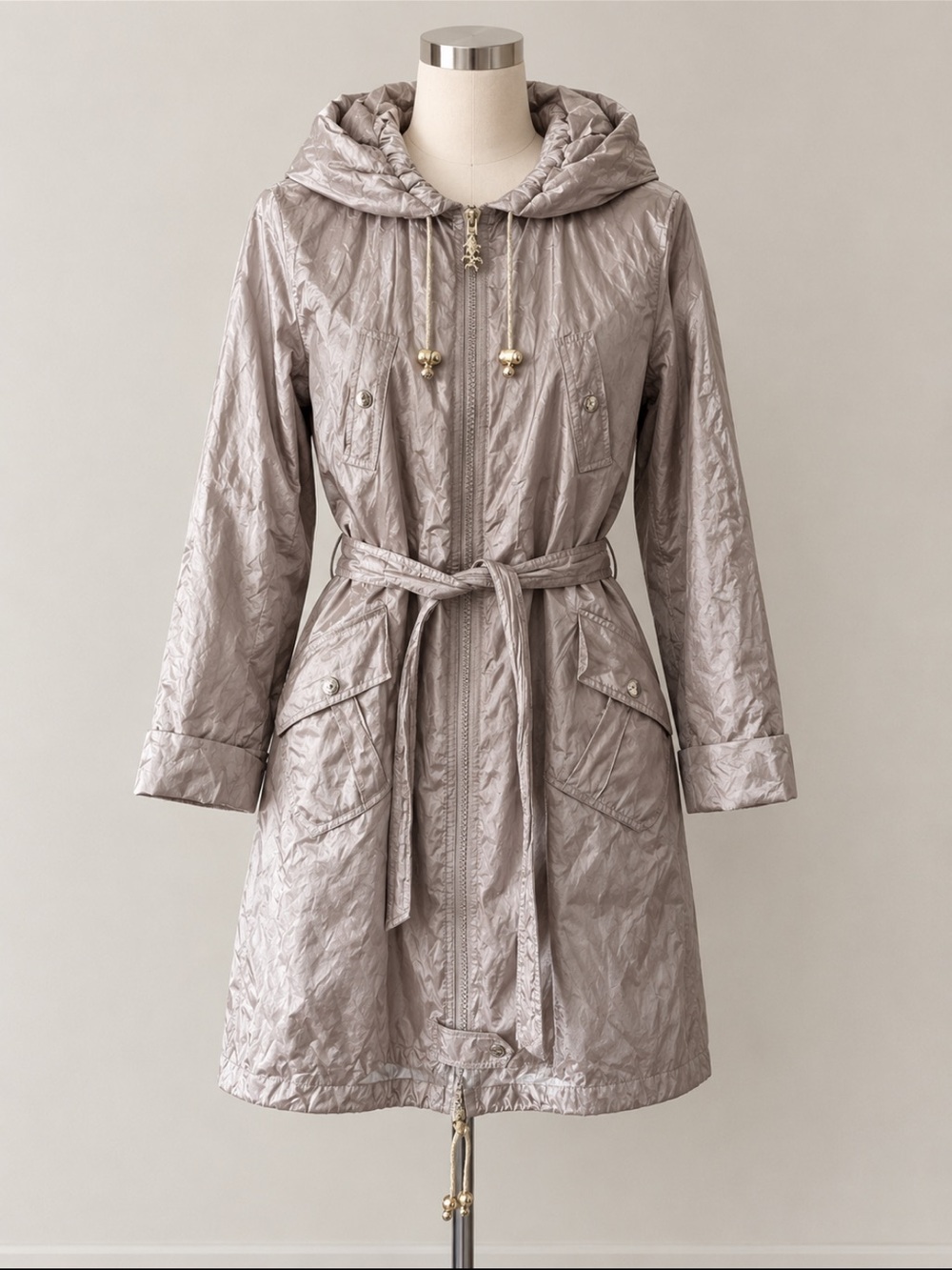 Betsey Johnson Shimmery Golden Hooded Belted Trench